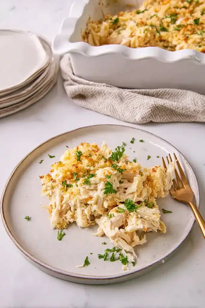 Plated Million Dollar Chicken Casserole with creamy chicken and golden topping