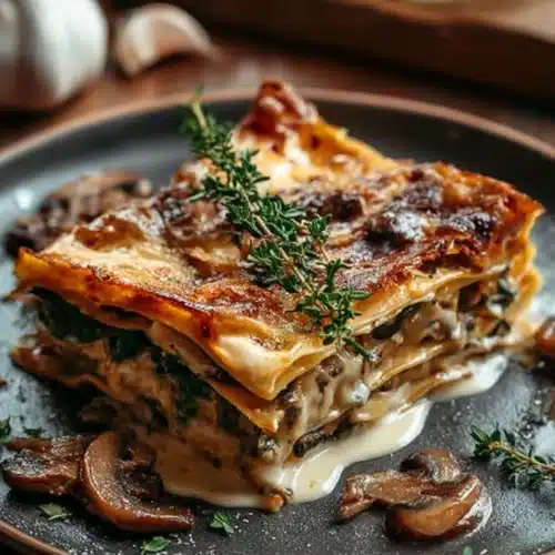 Mushroom and spinach lasagna slice with golden melted cheese and sautéed mushrooms on a rustic plate