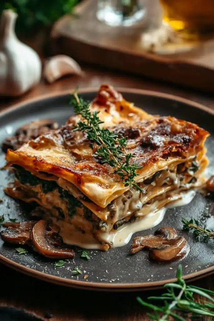 Mushroom and spinach lasagna slice with golden melted cheese and sautéed mushrooms on a rustic plate