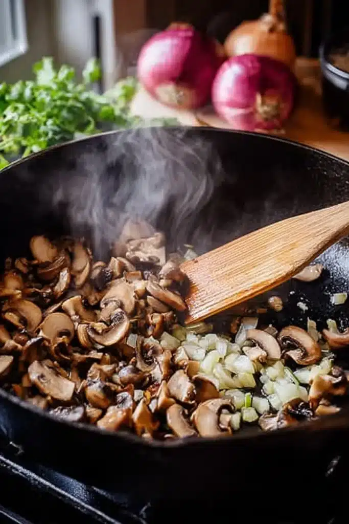 Mushrooms and onions sautéing in skillet for mushroom and spinach lasagna filling