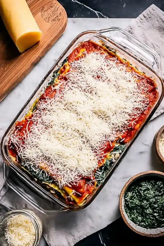 Mushroom and spinach lasagna layered with tomato sauce and shredded cheese in baking dish