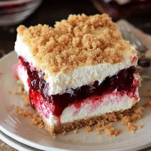 No bake cherry dessert slice with creamy layers and cherry filling on white plate