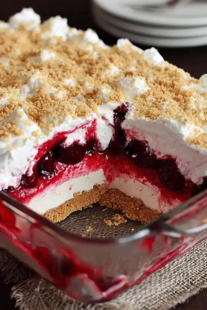No-Bake Cherry Dessert slice with creamy layers and cherry filling