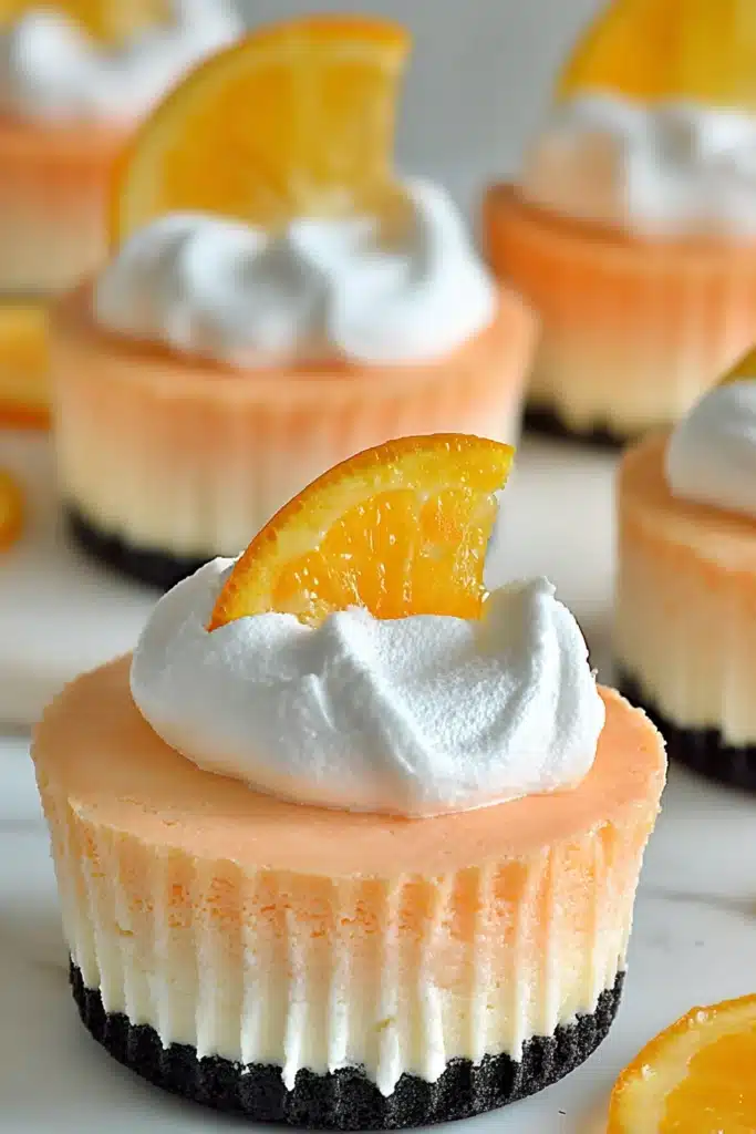 Orange Creamsicle Mini Cheesecakes: A Creamy No-Bake Citrus Treat 1 Orange creamsicle mini cheesecakes with whipped cream and fresh orange slice topping