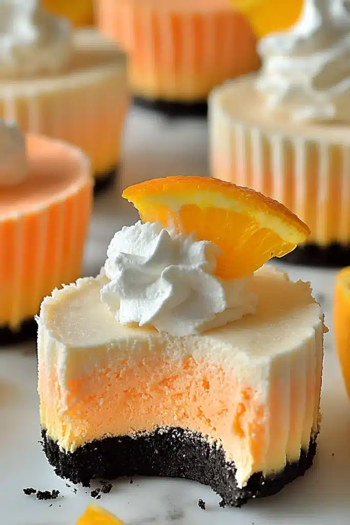 Orange Creamsicle Mini Cheesecakes: A Creamy No-Bake Citrus Treat 2 Orange Creamsicle Mini Cheesecakes with a bite showing creamy citrus filling