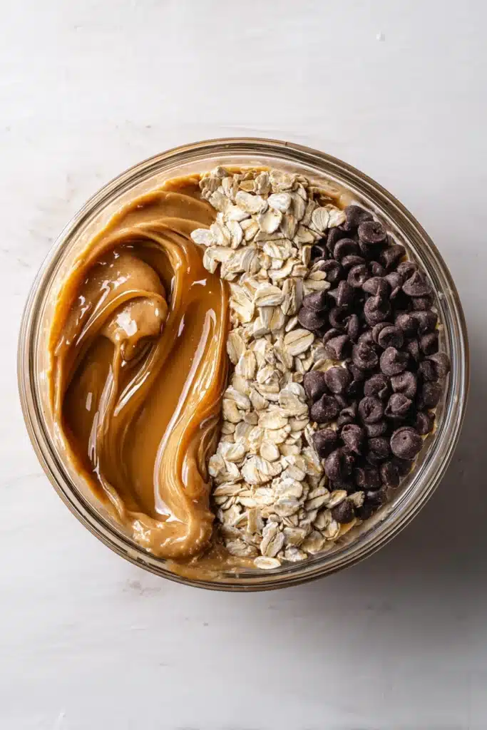 Peanut Butter Energy Bites Recipe Easy No Bake Snack 2 Peanut Butter Energy Bites ingredients in a bowl with oats honey and chocolate chips