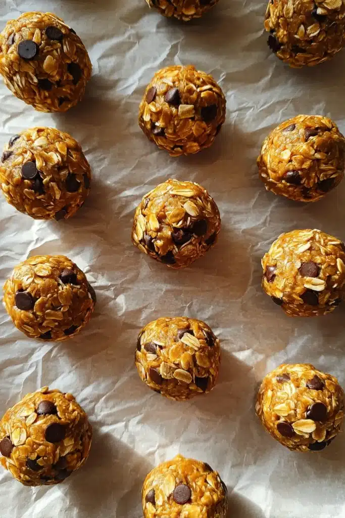 Peanut Butter Energy Bites Recipe Easy No Bake Snack 3 Peanut Butter Energy Bites arranged on parchment paper overhead view