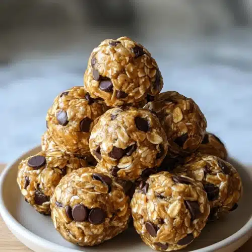 Peanut Butter Energy Bites Recipe Easy No Bake Snack 4 Peanut butter energy bites with oats and chocolate chips stacked on a plate
