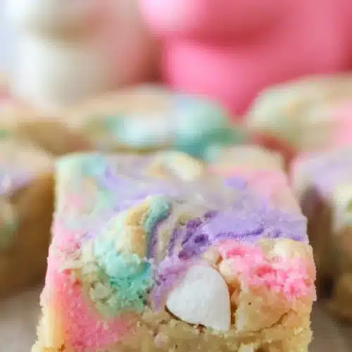 Close up of Peeps Sugar Cookie Bars with gooey pastel marshmallow center