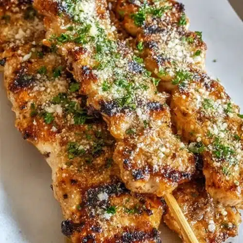 Grilled ranch garlic parmesan chicken skewers with crispy char and fresh parsley