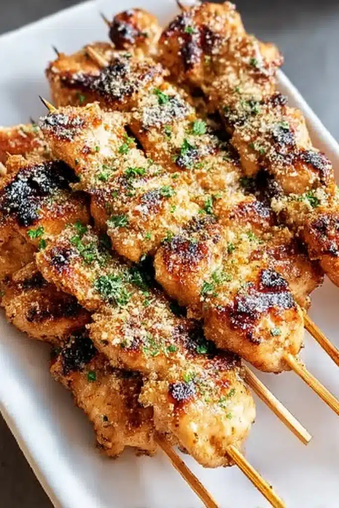 Grilled ranch garlic parmesan chicken skewers with crispy char and fresh parsley