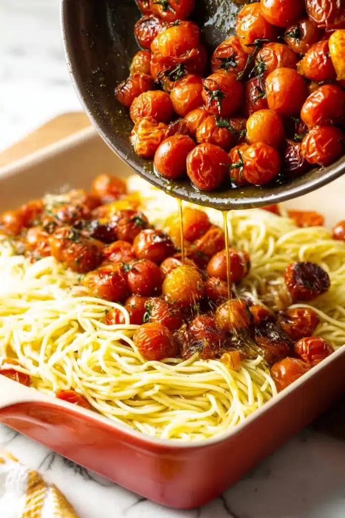 Roasted Cherry Tomatoes poured over spaghetti in red bowl