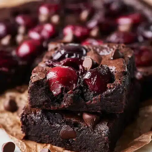Roasted Chocolate Cherry Brownies 4 Fudgy roasted chocolate cherry brownies with glossy cherries and chocolate chips