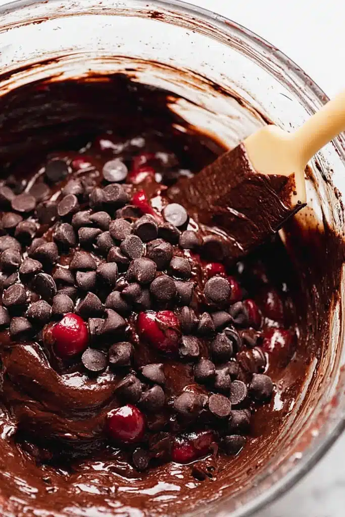 Roasted Chocolate Cherry Brownies 2 Roasted Chocolate Cherry Brownies batter with chocolate chips and cherries