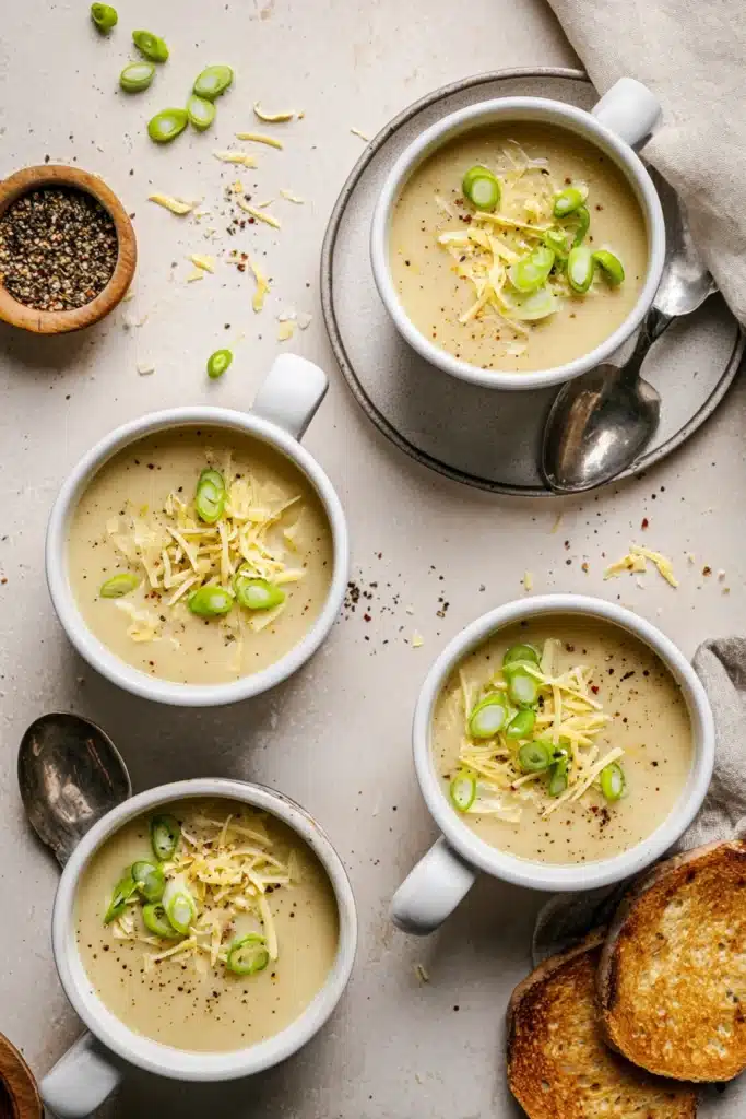 Roasted Garlic Cheddar Cauliflower Soup 3 Roasted Garlic Cheddar Cauliflower Soup with green onions and crusty bread