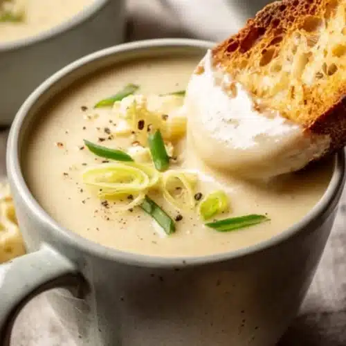 Roasted Garlic Cheddar Cauliflower Soup 4 Creamy roasted garlic cheddar cauliflower soup with crusty bread and green onions