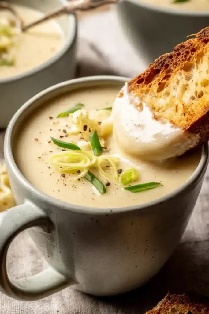 Roasted Garlic Cheddar Cauliflower Soup 1 Creamy roasted garlic cheddar cauliflower soup with crusty bread and green onions