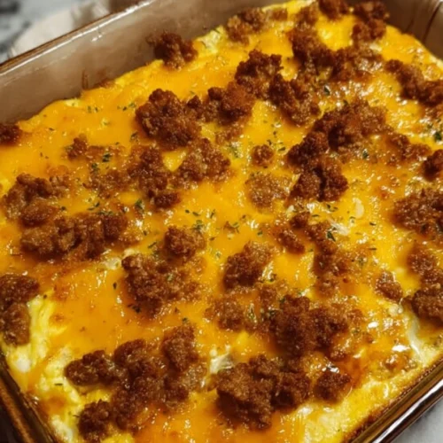 Sausage Egg and Cheese Casserole Easy, Cheesy Breakfast Favorite 3 Sausage egg and cheese casserole with melted cheddar and crispy sausage in baking dish