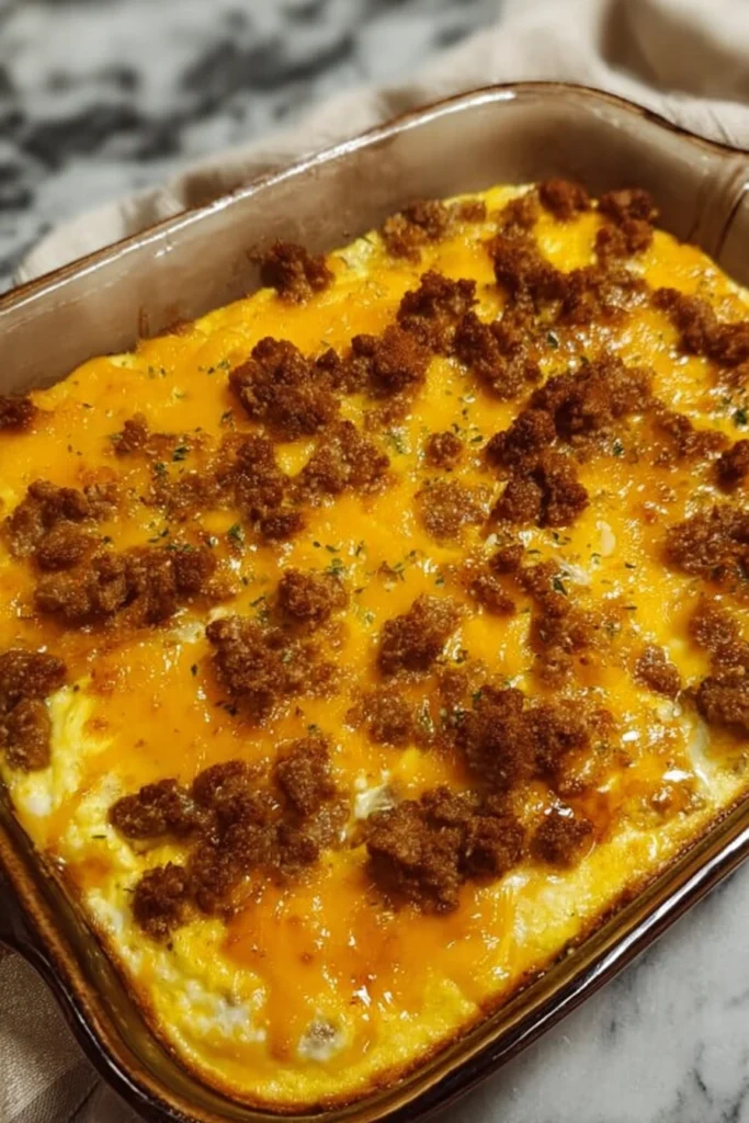 Sausage Egg and Cheese Casserole Easy, Cheesy Breakfast Favorite 1 Sausage egg and cheese casserole with melted cheddar and crispy sausage in baking dish