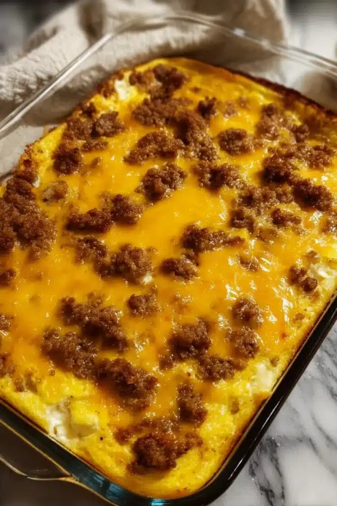 Sausage Egg and Cheese Casserole Easy, Cheesy Breakfast Favorite 2 Sausage egg and cheese casserole with melted cheddar and crispy sausage in baking dish
