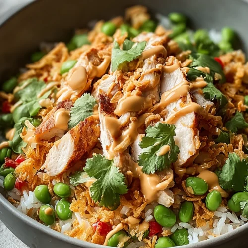 Savor Chicken Crispy Rice Salad 3 Savor chicken crispy rice salad with peanut dressing, crispy rice, and fresh herbs