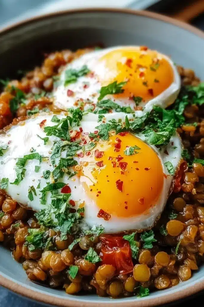 Savory Lentil Breakfast Bowl 2 Savory lentil breakfast bowl with fried eggs, herbs, and vegetables