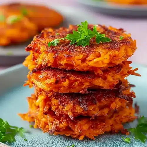 Savory Sweet Potato Hash Browns Recipe Crispy and Easy 3 Crispy savory sweet potato hash browns stacked on a plate with parsley garnish
