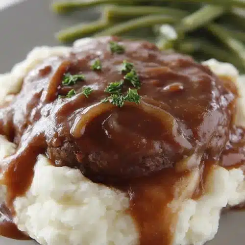 Simple Salisbury Steak Easy and Juicy Family Dinner 3 Simple Salisbury steak with brown gravy over mashed potatoes and green beans