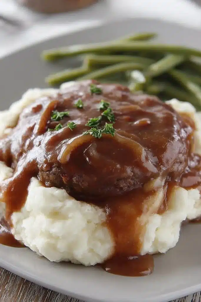 Simple Salisbury Steak Easy and Juicy Family Dinner 1 Simple Salisbury steak with brown gravy over mashed potatoes and green beans