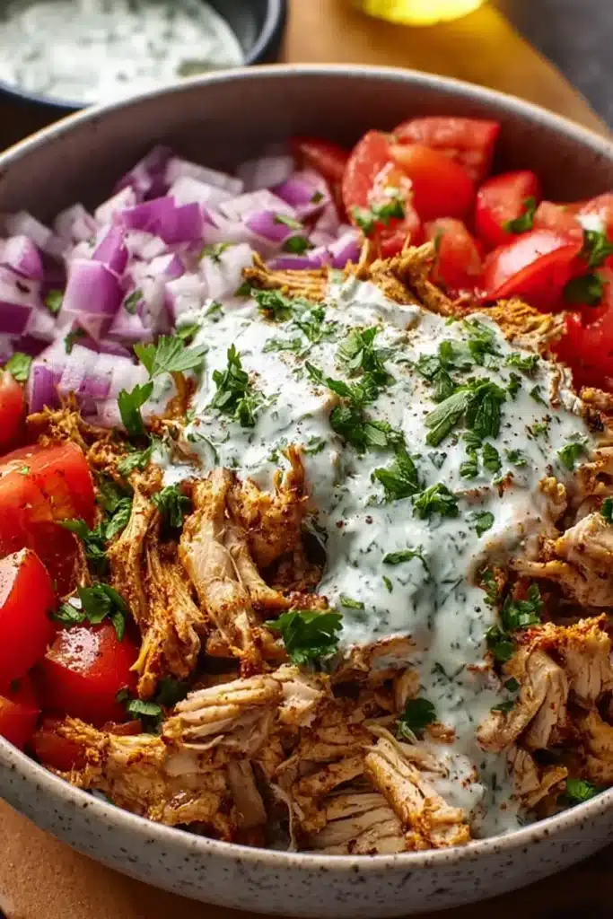Slow Cooker Chicken Shawarma bowl with yogurt sauce, tomatoes, and red onions