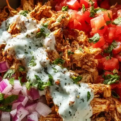Slow cooker chicken shawarma bowl with yogurt sauce, tomatoes, and onions