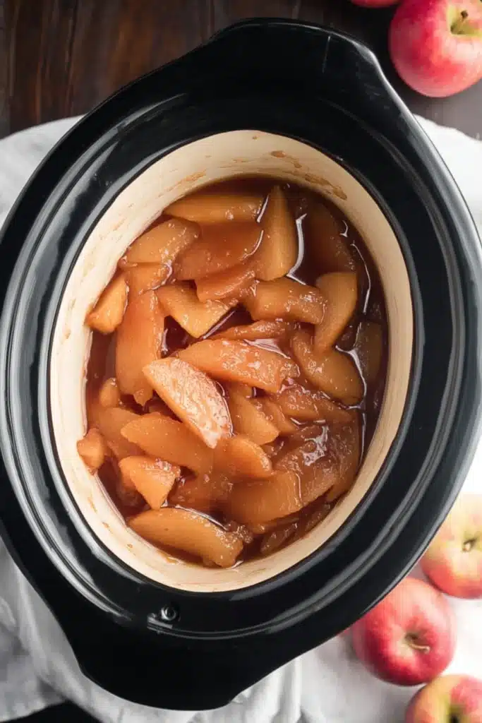 Slow Cooker Cracker Barrel Fried Apples cooking in a slow cooker with cinnamon sauce