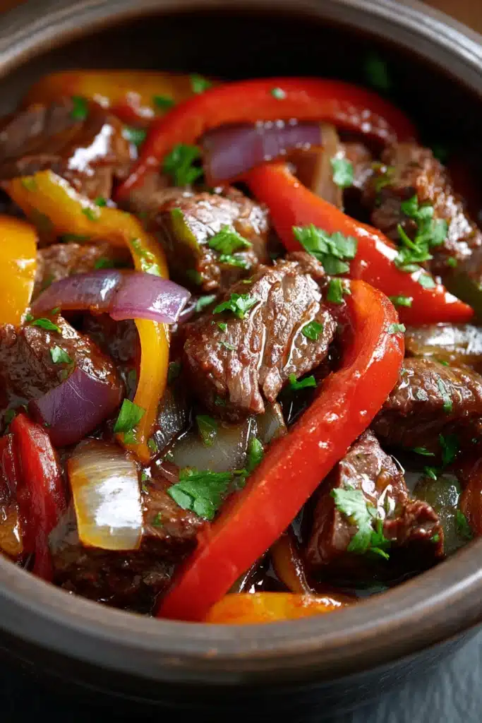 Slow Cooker Pepper Steak Recipe That’s Easy and Flavorful 1 Slow cooker pepper steak with tender beef, bell peppers, and rich savory sauce