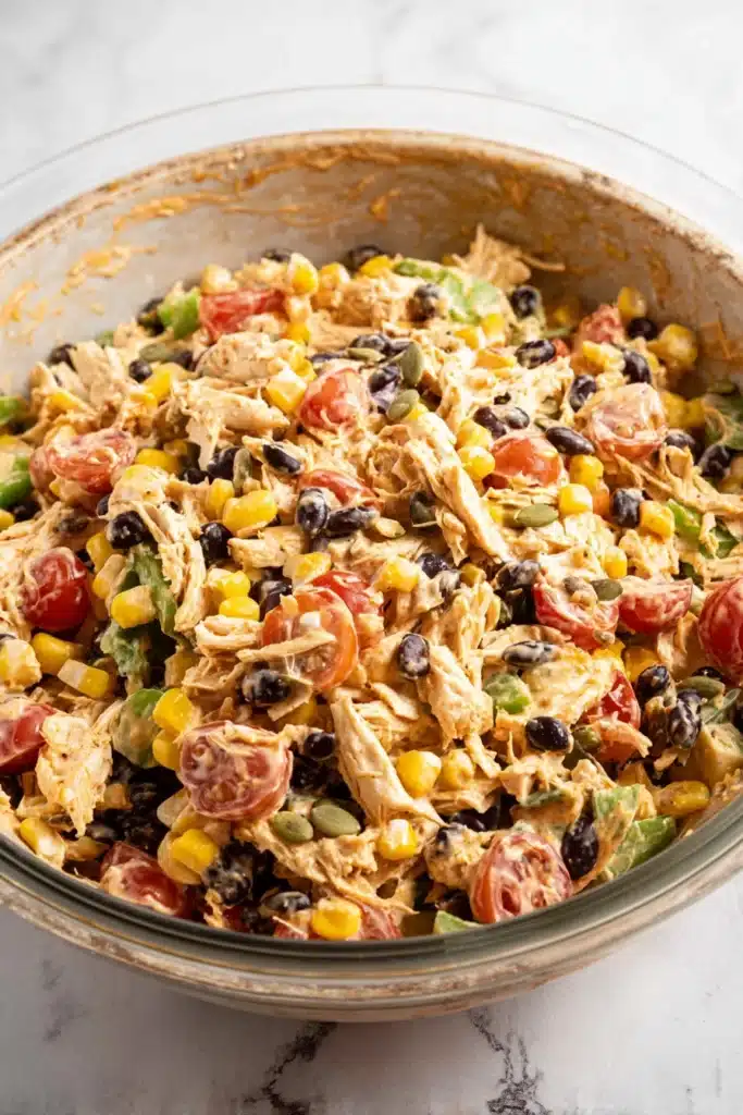Southwest Chicken Salad 4 Southwest chicken salad with corn, black beans, and creamy dressing in bowl