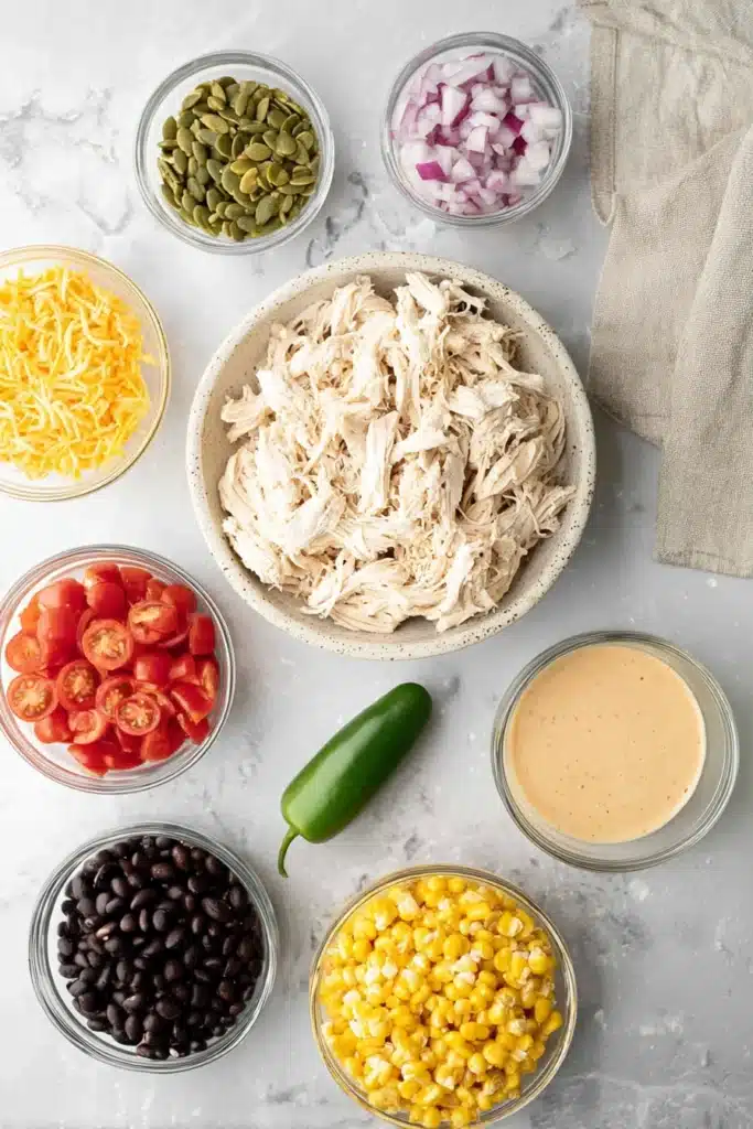 Southwest Chicken Salad 3 Southwest Chicken Salad ingredients with chicken, beans, corn, and dressing