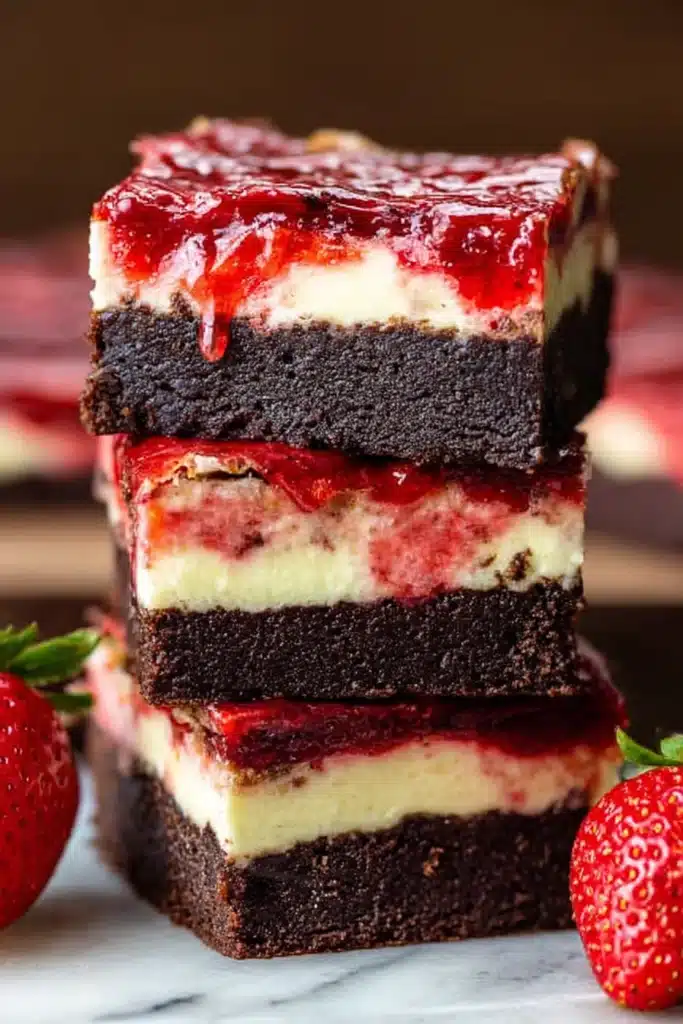 Strawberry Cheesecake Brownies 1 Strawberry cheesecake brownies with chocolate base, creamy cheesecake layer, and strawberry topping