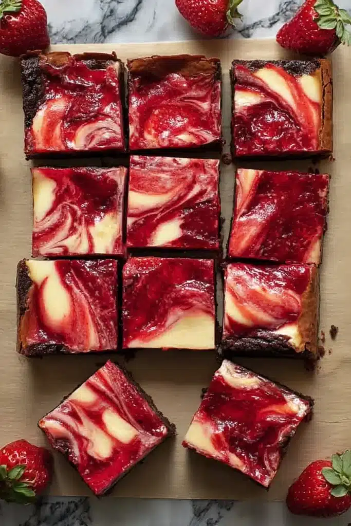 Strawberry Cheesecake Brownies 2 Strawberry cheesecake brownies squares with glossy strawberry swirl topping