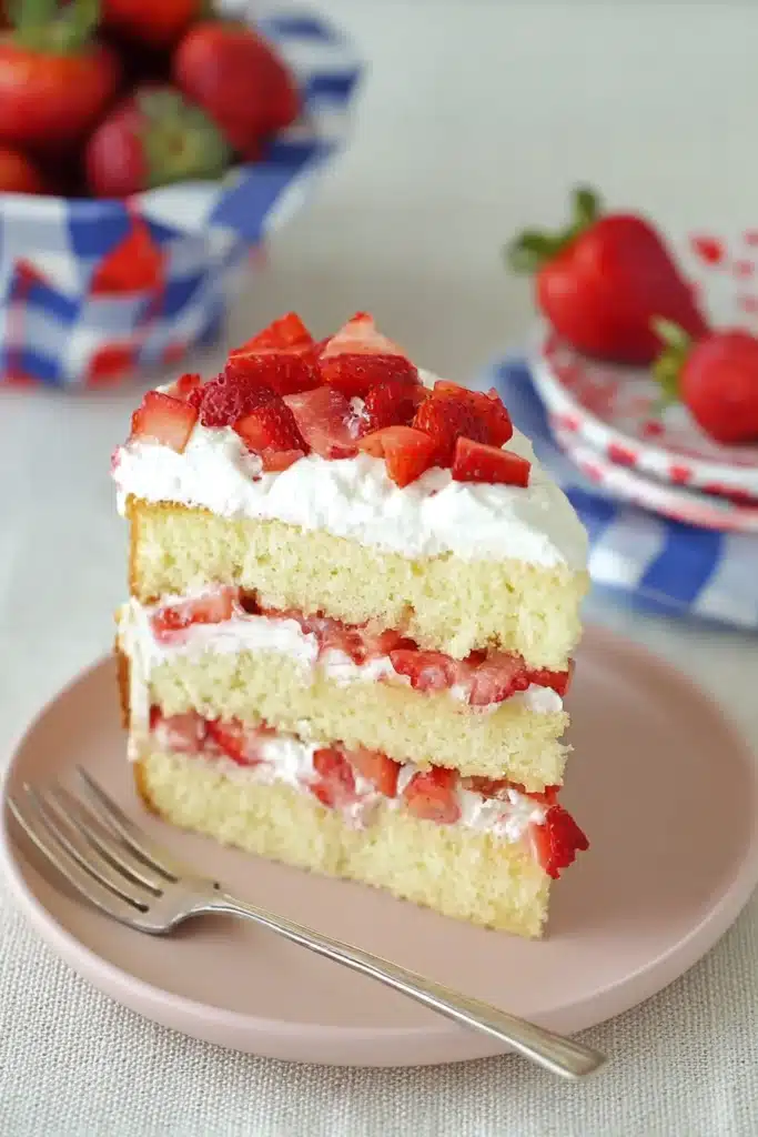 Strawberry Shortcake Cake Recipe That Feels Truly Special 2 Strawberry Shortcake Cake slice with whipped cream and fresh strawberries