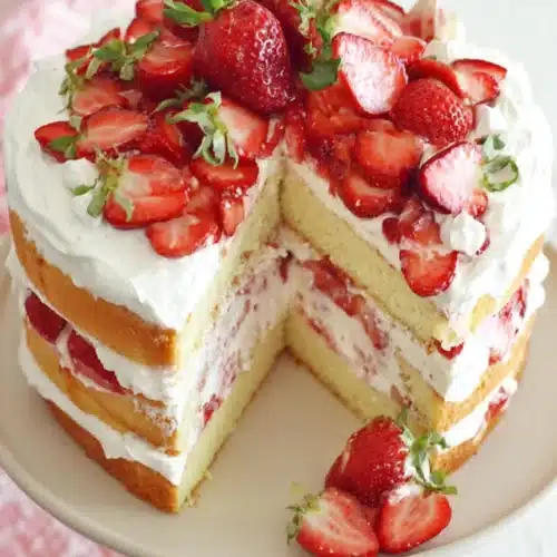 Strawberry Shortcake Cake Recipe That Feels Truly Special 4 Strawberry shortcake cake with whipped cream and fresh strawberries on cake stand