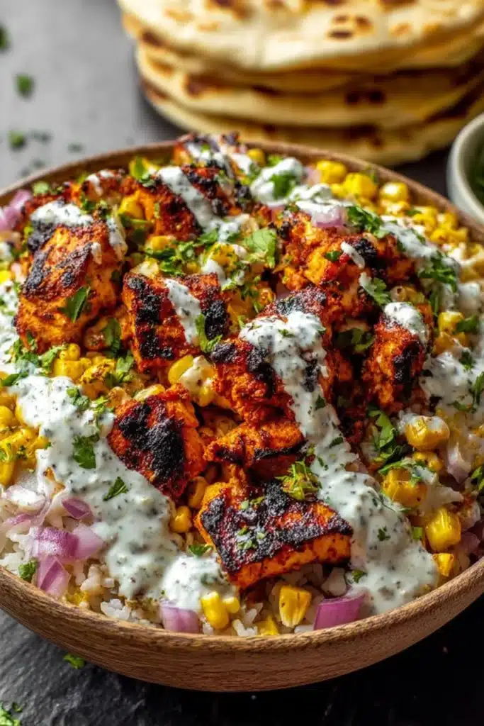 Street Corn Chicken Bowl with grilled chicken, corn, rice and creamy sauce