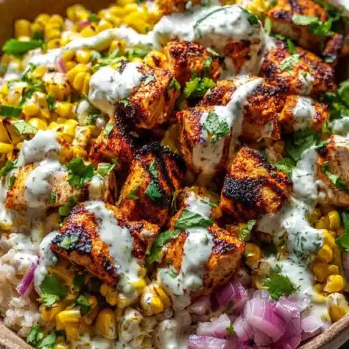 Street corn chicken bowl with grilled chicken, corn, rice, and creamy sauce