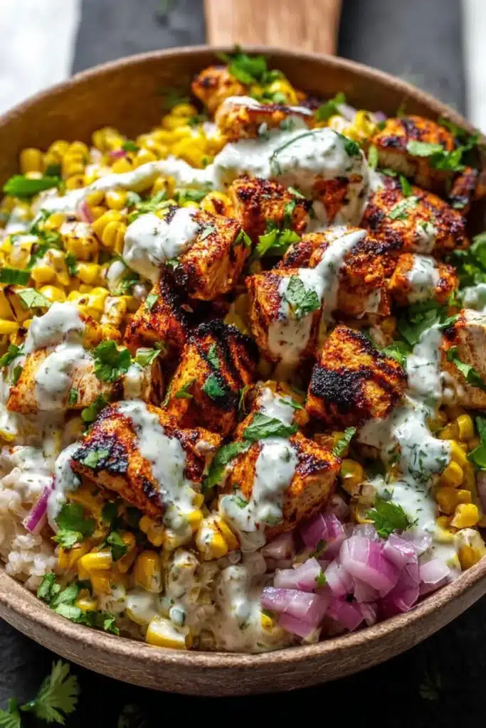 Street corn chicken bowl with grilled chicken, corn, rice, and creamy sauce