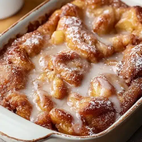 Sweet Apple Fritter Cake Recipe 3 Sweet Apple Fritter Cake with glaze and powdered sugar in baking dish