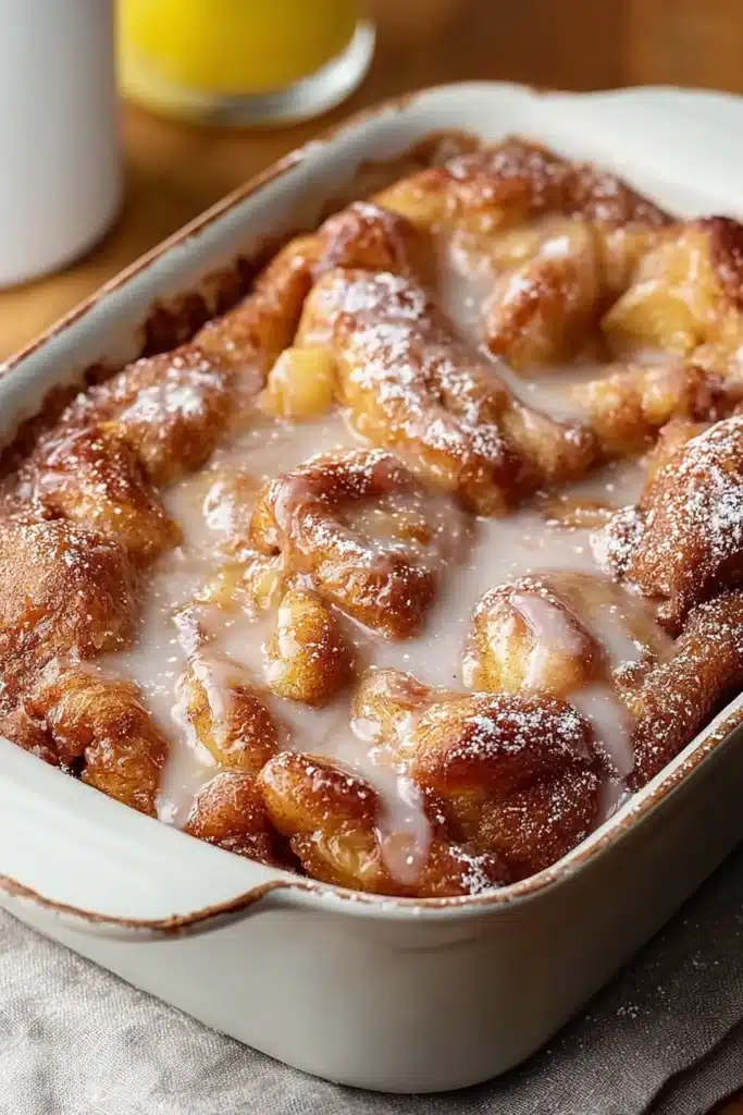 Sweet Apple Fritter Cake Recipe 2 Sweet Apple Fritter Cake with glaze and powdered sugar in baking dish