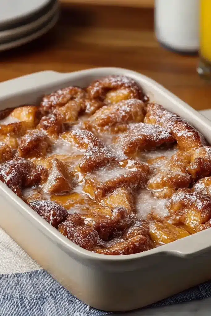 Sweet Apple Fritter Cake Recipe 1 Sweet apple fritter cake with glaze in a baking dish on a rustic surface