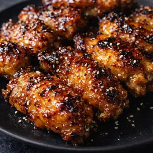 Sticky teriyaki chicken wings with glossy glaze and sesame seeds on plate
