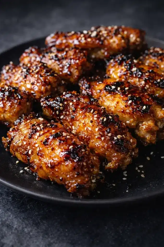 Sticky teriyaki chicken wings with glossy glaze and sesame seeds on plate