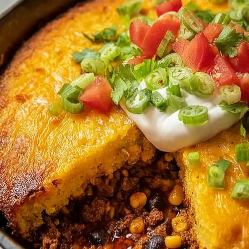 Texas tamale pie with cornbread crust and beef filling in baking dish