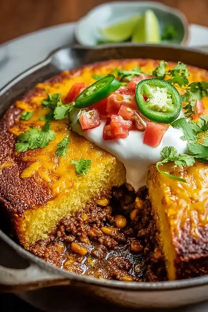 Texas Tamale Pie with cornbread crust and beef filling in skillet