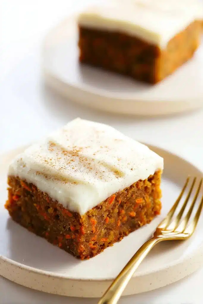 The Best Carrot Cake Bars for a Sweet Easter Treat 1 Moist carrot cake bar with cream cheese frosting on ceramic plate